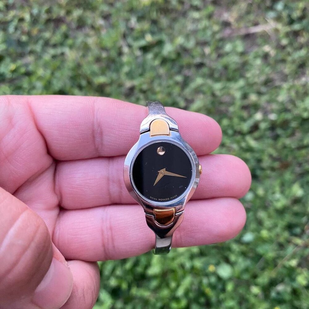 Movado Kara Women’s Two-Tone BANGLE Band Black Dial 24mm Watch 0606948